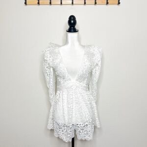 For Love & Lemons Women's White Sheer Lace Long Sleeve Plunge Romper Size S